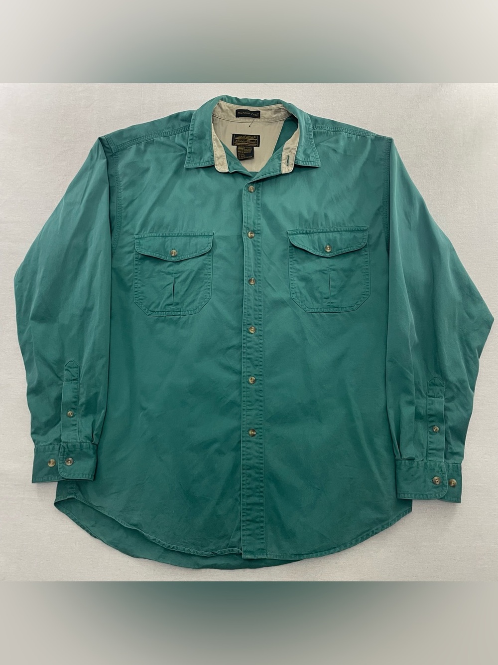 Vintage Eddie Bauer Shirt Mens L Green Teal Rufton Twill Button Up Pockets